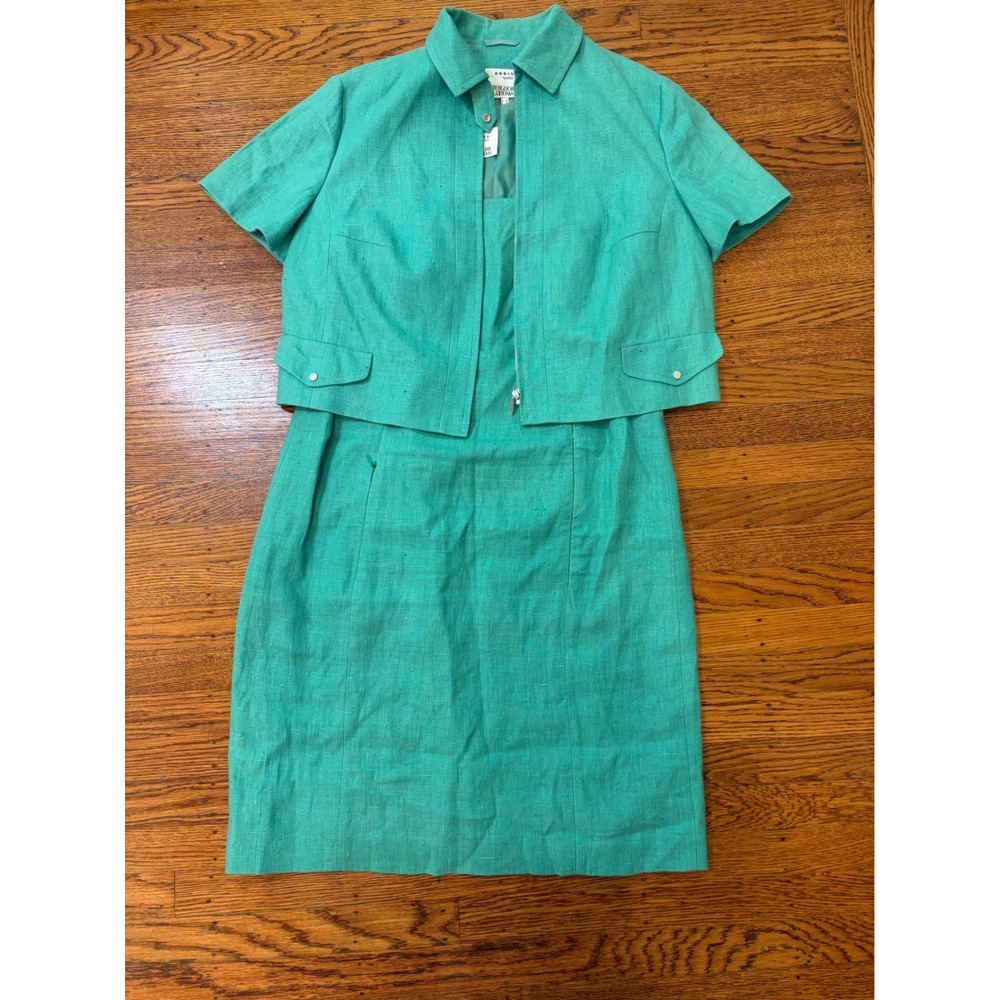 Akris Punto Bergdorf Goodman Linen Dress and Jacket Set Teal Green US 12 14